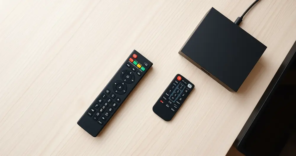 dois controles remotos de televisão sobre mesa de madeira ao lado do decodificador