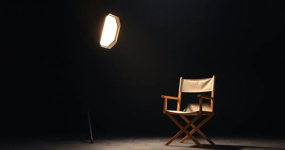 Cadeira de diretor em lona ao lado de refletor de estúdio em set escuro, com luz quente lateral