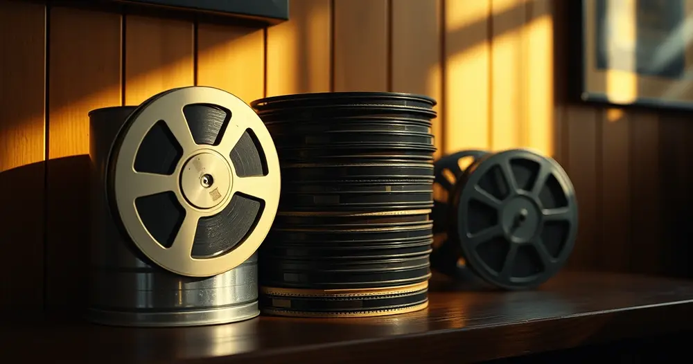Rolos de filme 35 mm empilhados sobre mesa de madeira ao lado de lata metálica de película