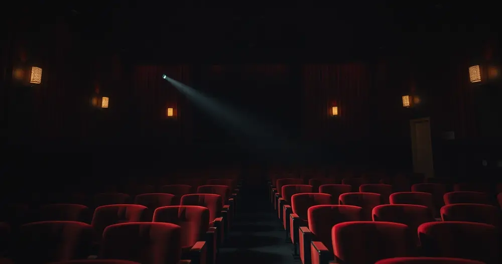 Interior de cinema de arte com fileiras de poltronas vermelhas vazias e feixe do projetor no escuro
