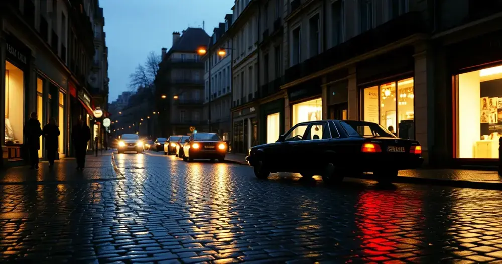 Rua de Paris ao anoitecer nos anos 70 com paralelepípedos molhados refletindo luzes de vitrine