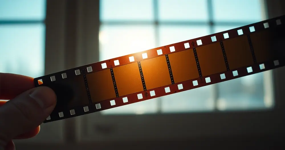 Tira de filme cinematográfico segurada contra a luz de uma janela com os fotogramas visíveis