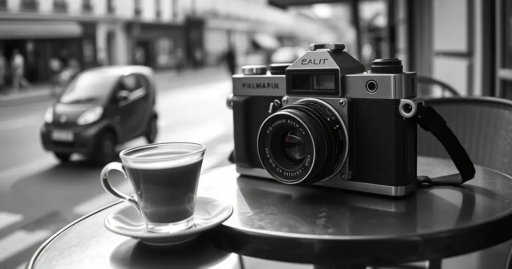 Câmera de cinema 16 mm antiga sobre mesa de café em Paris ao lado de xícara de café expresso