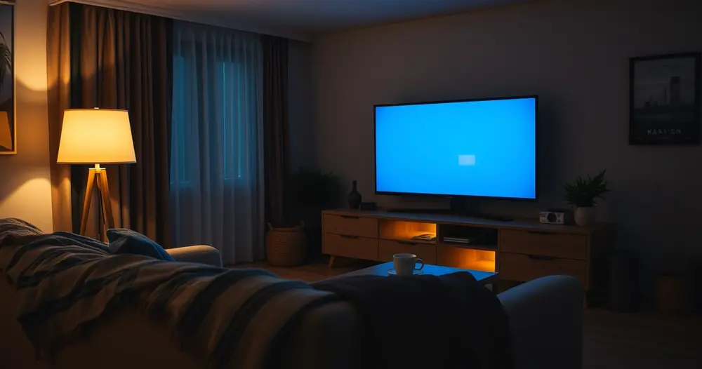 Sala de estar à noite com televisão grande acesa, manta sobre o sofá e luminária de luz quente