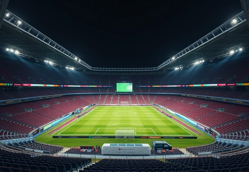 Estádio de futebol vazio à noite, com os refletores acesos